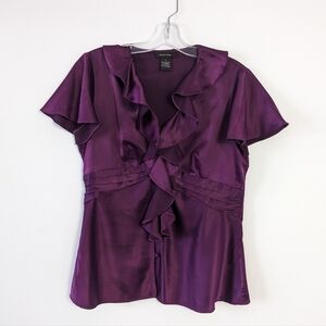 Spense Women's Ruffle Front Blouse Deep Purple Satin Finish - S